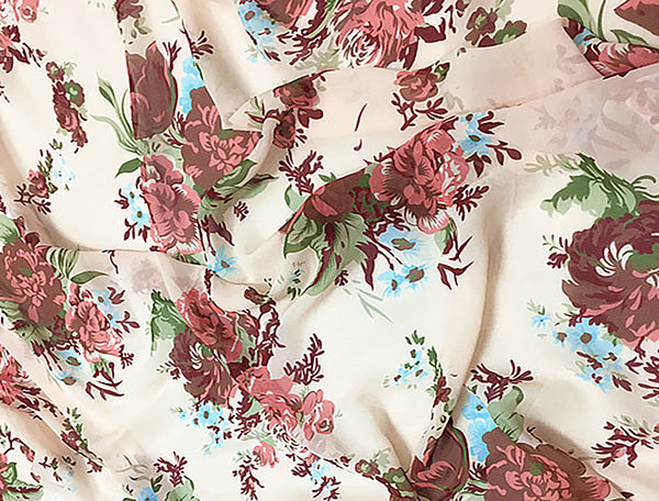 Multi Color Floral on Blush Background - Italian Silk Georgette - 14 MM - 110 cm Wide.