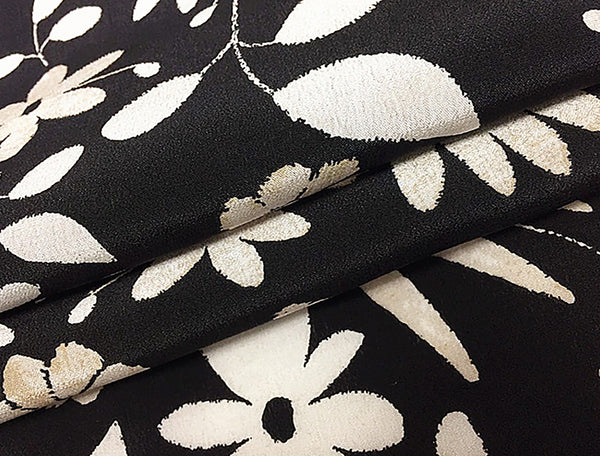 Off White/Beige Birds Floral Print on Black Background- Mulberry Silk Crepe de Chine - 16 MM,  152 cm Wide
