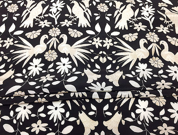 Off White/Beige Birds Floral Print on Black Background- Mulberry Silk Crepe de Chine - 16 MM,  152 cm Wide