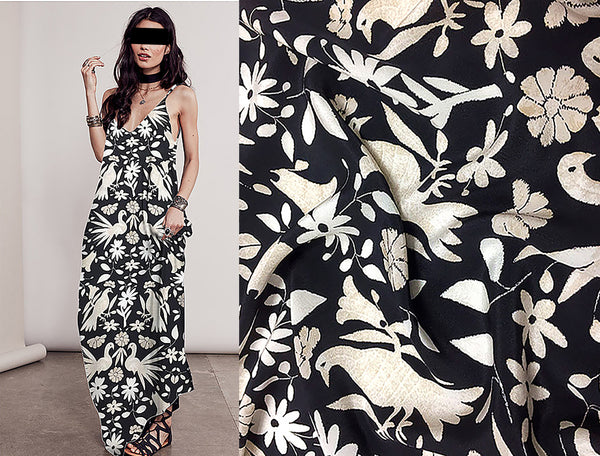 Off White/Beige Birds Floral Print on Black Background- Mulberry Silk Crepe de Chine - 16 MM,  152 cm Wide