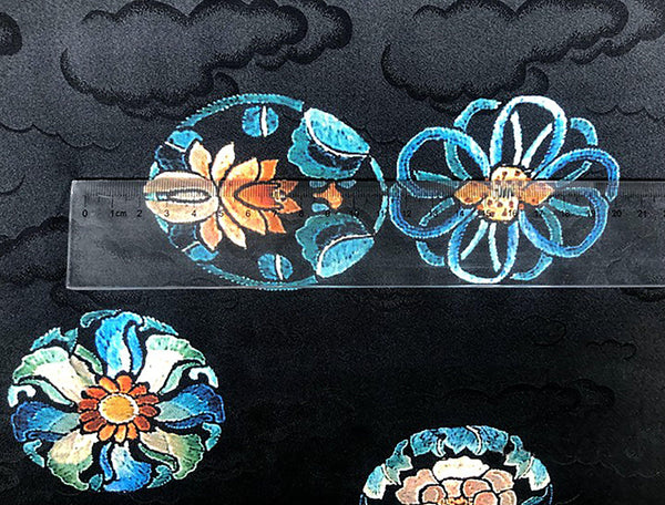 Multi Color Medallions on Black with Clouds Background  -  Italian Stretch Silk Jacquard Satin- 116 cm Wide - WIKILACES