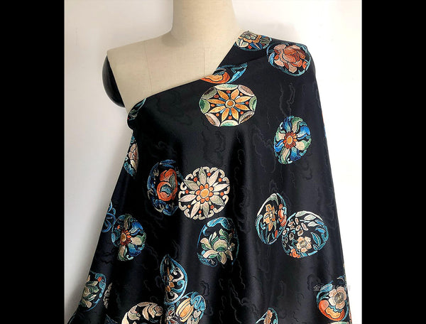 Multi Color Medallions on Black with Clouds Background  -  Italian Stretch Silk Jacquard Satin- 116 cm Wide - WIKILACES