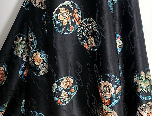 Multi Color Medallions on Black with Clouds Background  -  Italian Stretch Silk Jacquard Satin- 116 cm Wide - WIKILACES