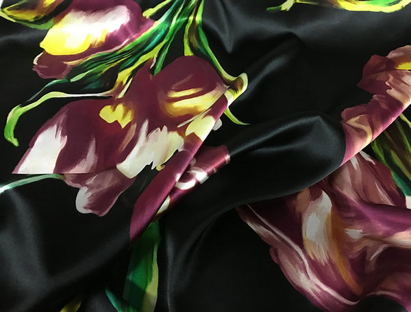 Multi Color Floral on Black Background - Italian Stretch Silk Satin - 108 cm Wide.