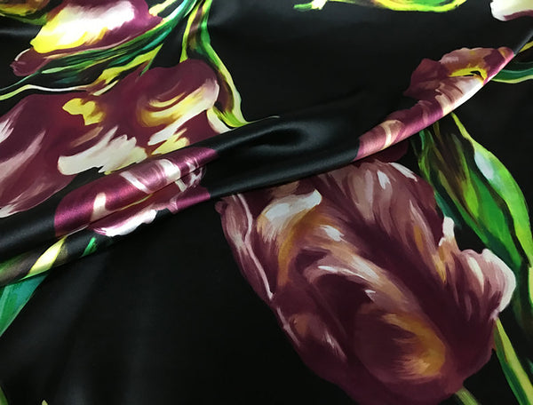 Multi Color Floral on Black Background - Italian Stretch Silk Satin - 108 cm Wide.