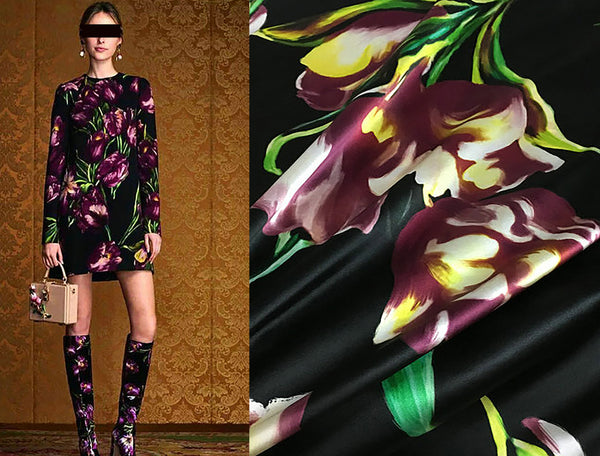 Multi Color Floral on Black Background - Italian Stretch Silk Satin - 108 cm Wide.