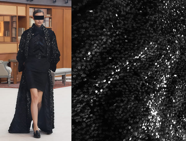 Black Sequined Wool French Tweed - 146 cm Wide.