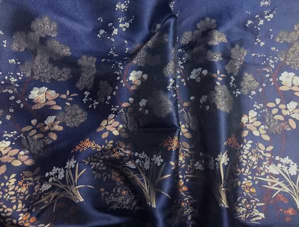 Multi Colors Floral on a Dark Blue Background -  Italian Jacquard Fabric - Sold by Sections of 132 cm Length x 169 cm Width.
