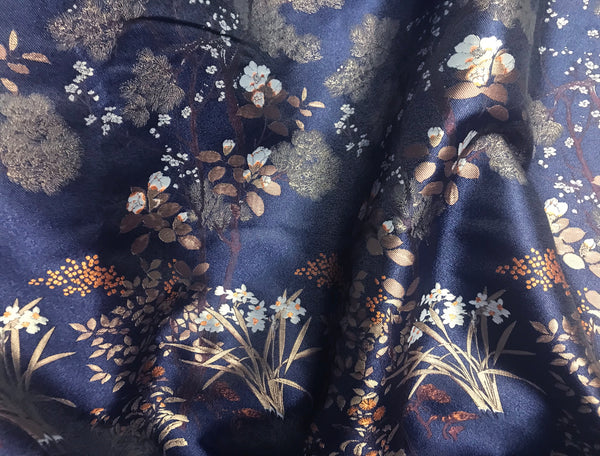 Multi Colors Floral on a Dark Blue Background -  Italian Jacquard Fabric - Sold by Sections of 132 cm Length x 169 cm Width.