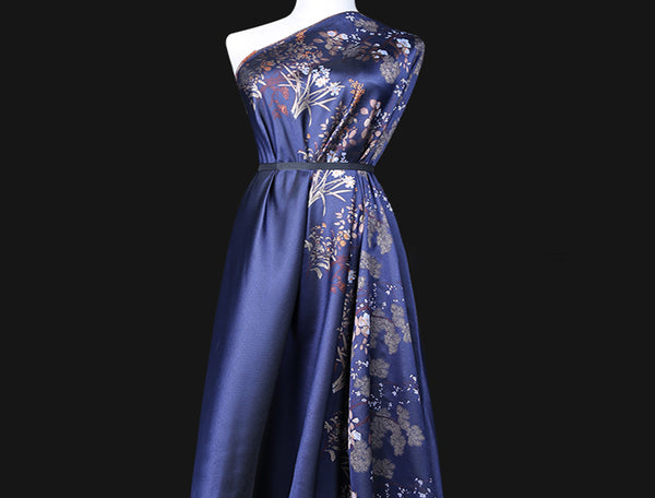 Multi Colors Floral on a Dark Blue Background -  Italian Jacquard Fabric - Sold by Sections of 132 cm Length x 169 cm Width.