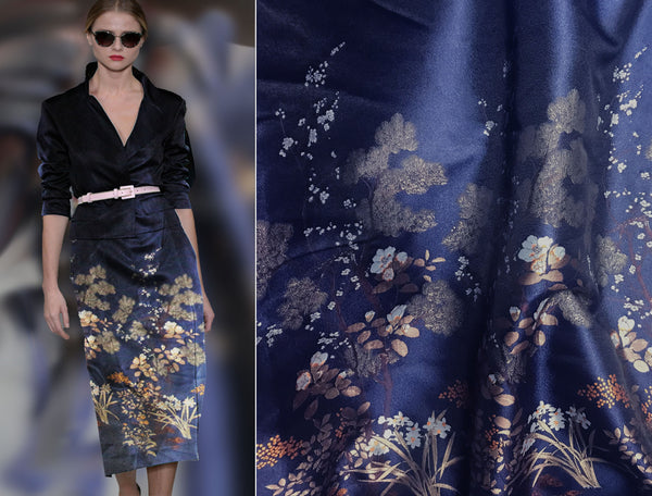 Multi Colors Floral on a Dark Blue Background -  Italian Jacquard Fabric - Sold by Sections of 132 cm Length x 169 cm Width.