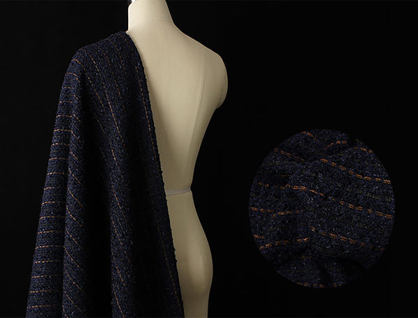Navy Blue w/Gold Lines - French Tweed - 150 cm Wide.
