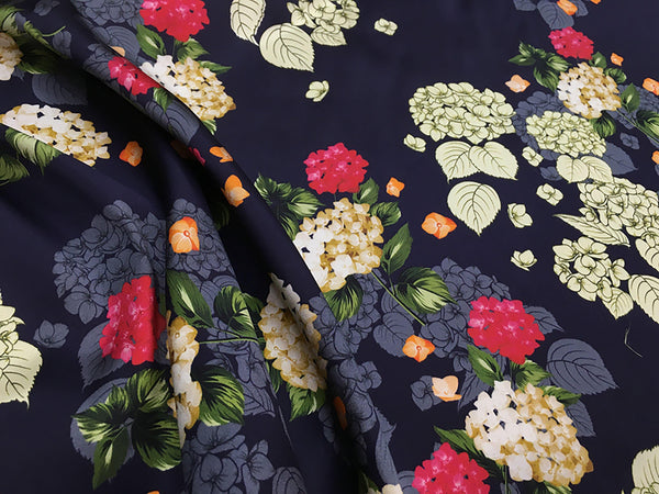 Multi Color Hydrangeas Floral Print on Navy Blue  Background - 19 MM - Stretch Silk Satin - 108 cm Wide. - WIKILACES