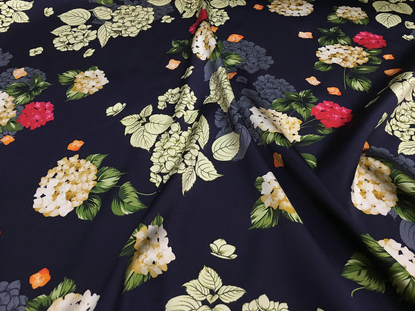 Multi Color Hydrangeas Floral Print on Navy Blue  Background - 19 MM - Stretch Silk Satin - 108 cm Wide. - WIKILACES