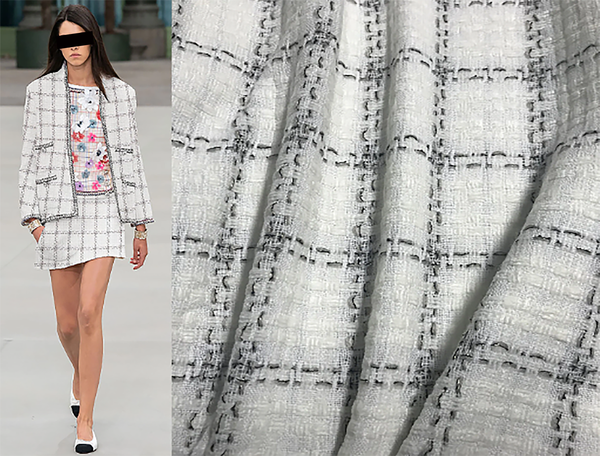 Natural White w/Grey, Black and Silver Stitchings - French Tweed -148 cm Wide.