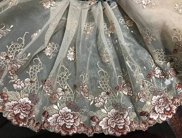 Brown/Beige Shiny Embroidery on Beige Soft Tulle - Italian Lace, 20 cm Wide.