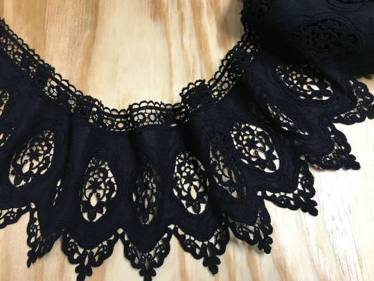 Black Embroidery on Black Background -  Broderie Anglaise Lace on  Swiss Cotton Voile - 15 cm Wide.