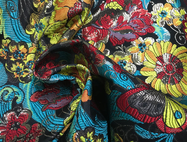 Multi Color Floral on Black Background - Italian Jacquard Fabric - 145 cm Wide