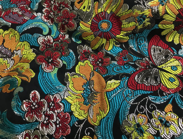 Multi Color Floral on Black Background - Italian Jacquard Fabric - 145 cm Wide