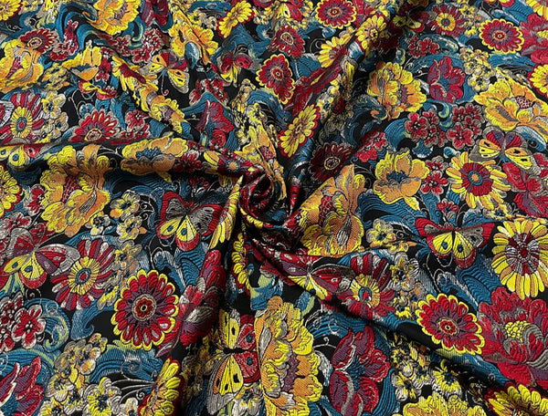 Multi Color Floral on Black Background - Italian Jacquard Fabric - 145 cm Wide