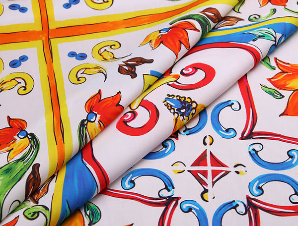 Multi Color Floral Medallions  Floral Print on White Background - Italian Cotton Poplin -148 cm Wide.