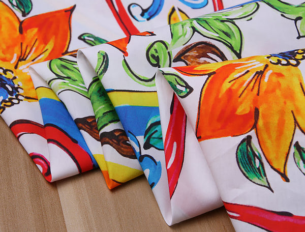 Multi Color Floral Medallions  Floral Print on White Background - Italian Cotton Poplin -148 cm Wide.