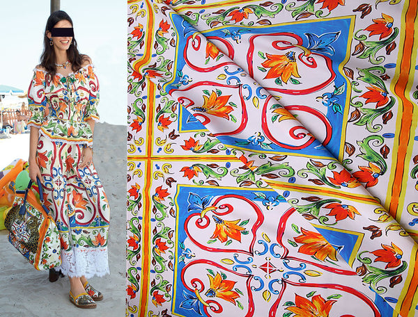 Multi Color Floral Medallions  Floral Print on White Background - Italian Cotton Poplin -148 cm Wide.