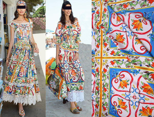 Multi Color Floral Medallions  Floral Print on White Background - Italian Cotton Poplin -148 cm Wide.