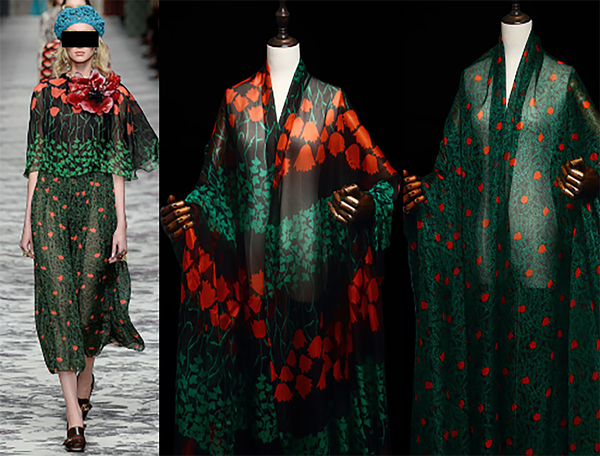 Green and Red/Orange Floral  - Italian 100%  Mulberry Silk Chiffon - 9 MM, Imported.