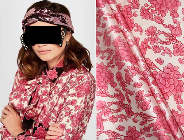 Shades of Pink/Red Floral on Natural White Background - Italian Stretch Silk Satin - 19 MM - 106 cm Wide.