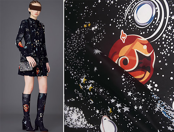 Starry Night Print on Black Background - Mulberry Silk Double Crepe de Chine, 16 mm - 108 cm Wide