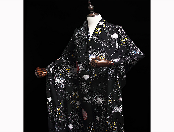 Starry Night Print on Black Background - Mulberry Silk Double Crepe de Chine, 16 mm - 108 cm Wide