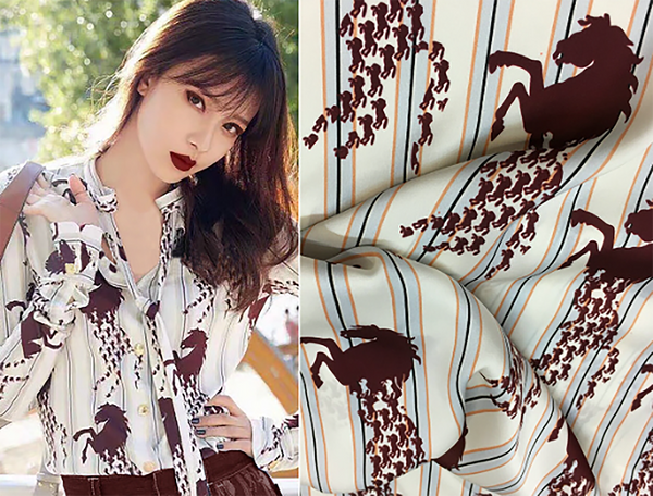 Maroon w/Blue-Gold Stripes Horse Print on Off White  Background - Stretch  Silk Satin 16 MM - 138 cm Wide.