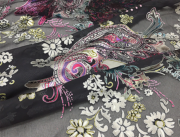 Multi Color Floral/Paisley on Black Background - Italian Silk Burnout - 18 MM -117 cm Wide.