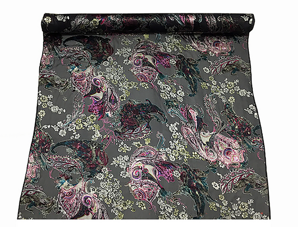 Multi Color Floral/Paisley on Black Background - Italian Silk Burnout - 18 MM -117 cm Wide.