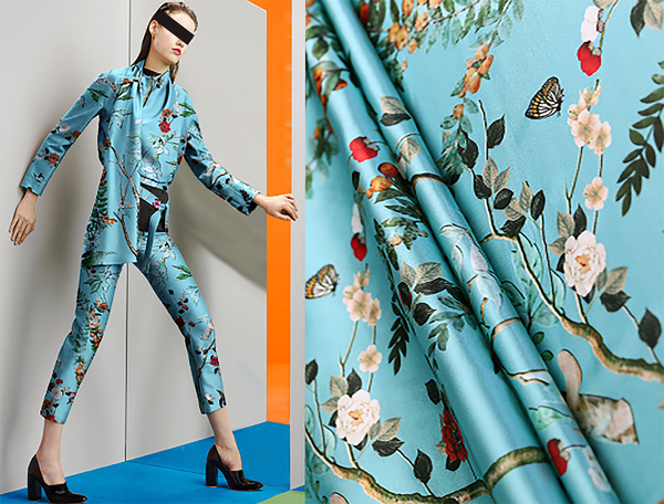 Multi Color Floral on Turquoise Blue Background - Italian Stretch Silk Satin - 108 cm Wide