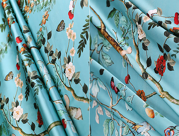 Multi Color Floral on Turquoise Blue Background - Italian Stretch Silk Satin - 108 cm Wide