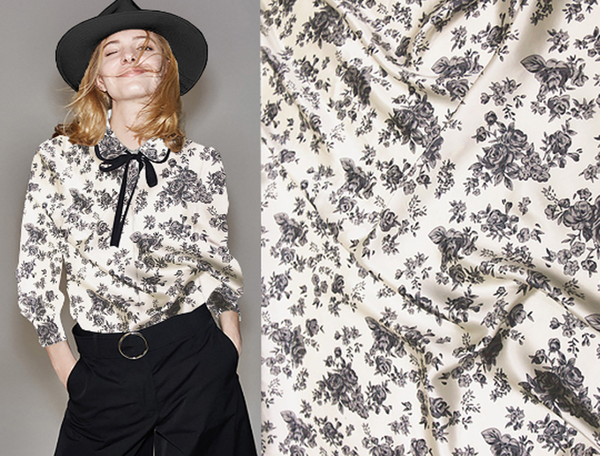 Shades of Black on Antique White - Duchess Silk Satin - 19 MM - 114 cm Wide.