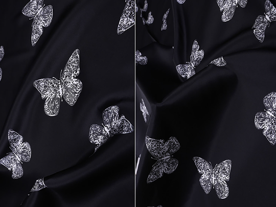 White Butterflies on Black  Background - Stretch  Silk Satin 19 MM - 108 cm Wide.
