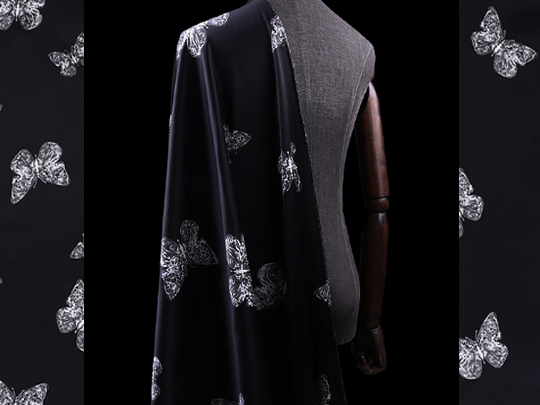 White Butterflies on Black  Background - Stretch  Silk Satin 19 MM - 108 cm Wide.