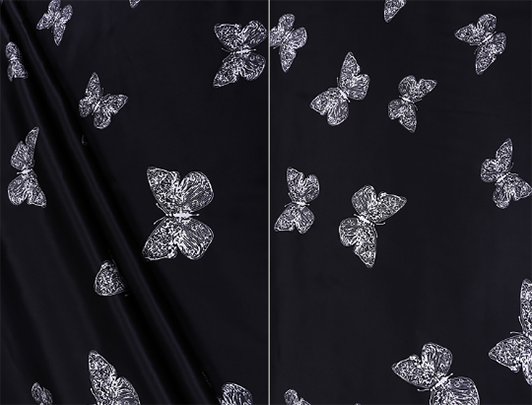White Butterflies on Black  Background - Stretch  Silk Satin 19 MM - 108 cm Wide.
