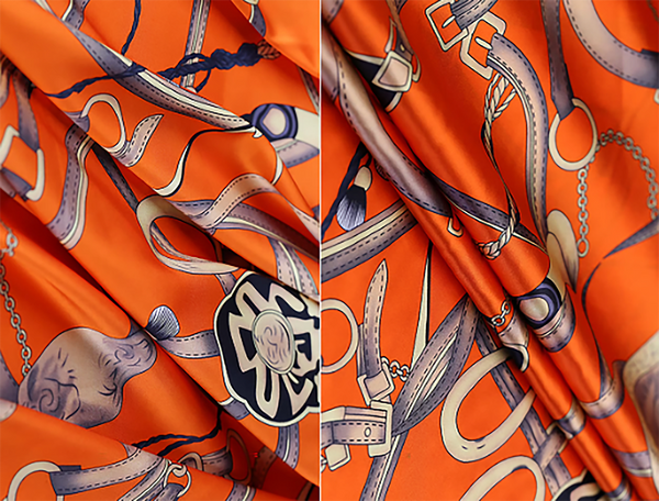 Multi Color  Saddle Print on Orange Background  - Stretch Silk Satin - 108 cm Wide. 19 MM