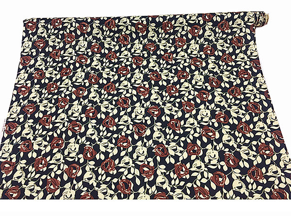 Beige/Chocolate Brown Floral on Black Background- Crepe de Chine - 19 MM Weight - 112 cm Wide.