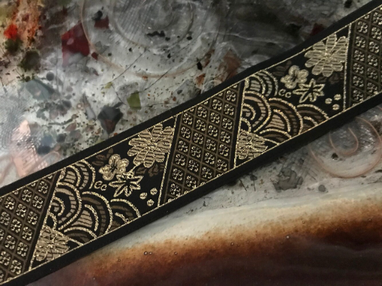 Beige Brown and Gold on Black Background - Embroidered Jacquard Ribbon - 1 6/8"  Wide.