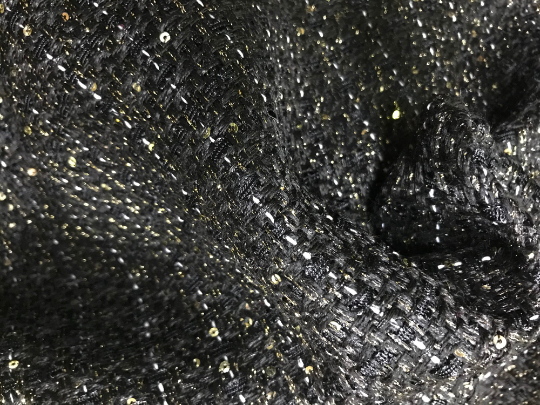 Black/Gold Shimmering Threads and Small Sequins - French Tweed - 150 cm Wide.