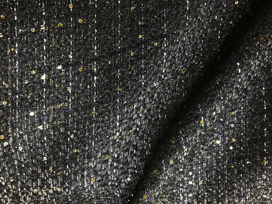 Black/Gold Shimmering Threads and Small Sequins - French Tweed - 150 cm Wide.
