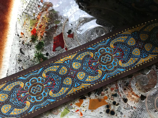 Blue and Tan w/Gold Accent Print on Brown Background - Embroidered Jacquard Ribbon - 2"  Wide.