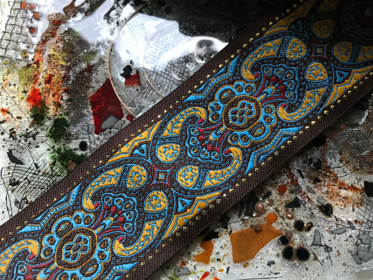 Blue and Tan w/Gold Accent Print on Brown Background - Embroidered Jacquard Ribbon - 2"  Wide.