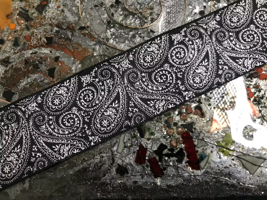 White Paisleys  on Black Background- Embroidered Jacquard -  1 1/2" Wide.