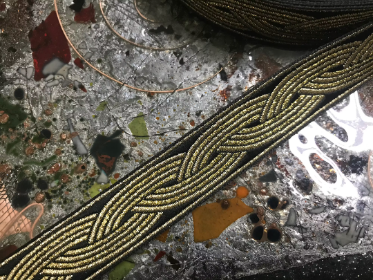 Metallic Gold on Black Background - Embroidered Jacquard Ribbon - 7/8" Wide.